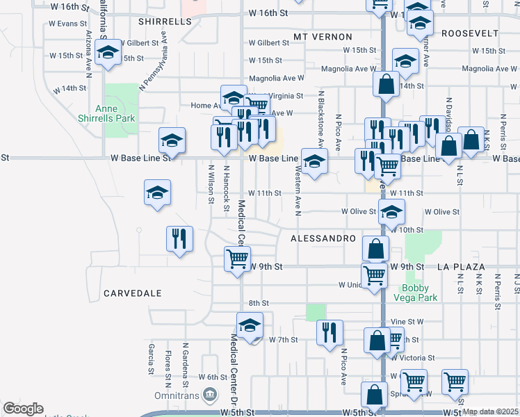 map of restaurants, bars, coffee shops, grocery stores, and more near 1061 North Tiajuana Street in San Bernardino