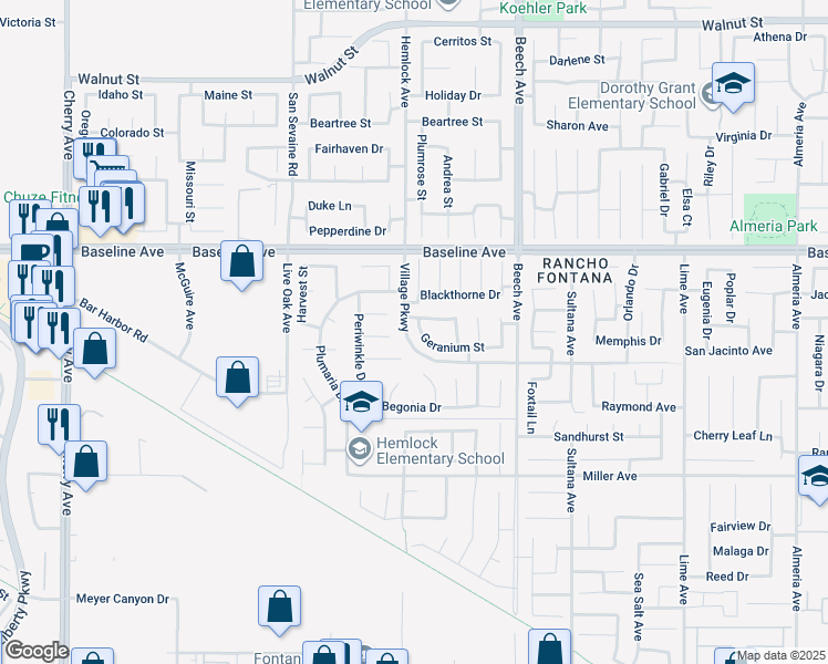 map of restaurants, bars, coffee shops, grocery stores, and more near 15119 Geranium Street in Fontana