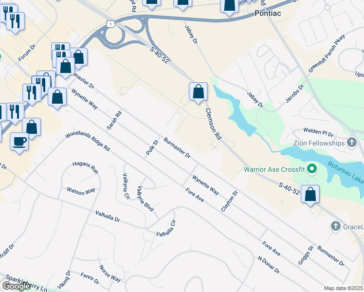 map of restaurants, bars, coffee shops, grocery stores, and more near 321 Burmaster Drive in Columbia