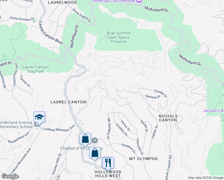 map of restaurants, bars, coffee shops, grocery stores, and more near 7681 Willow Glen Road in Los Angeles