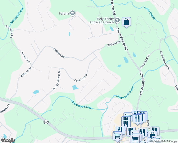 map of restaurants, bars, coffee shops, grocery stores, and more near 7232 Coral Lake Drive in Flowery Branch