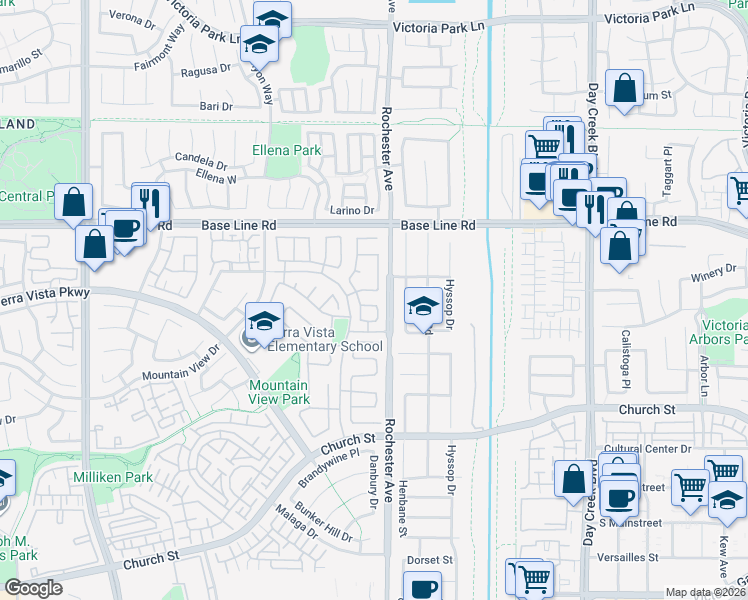 map of restaurants, bars, coffee shops, grocery stores, and more near 11868 Lowell Drive in Rancho Cucamonga
