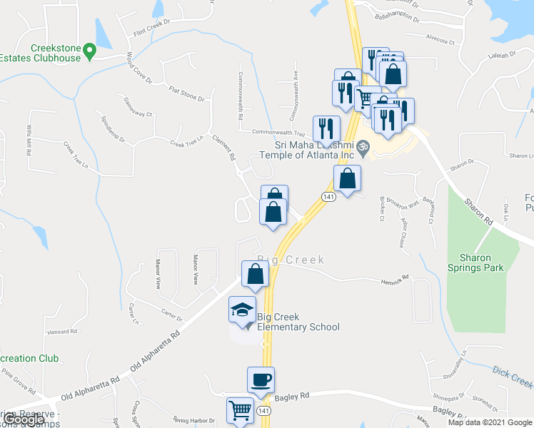 map of restaurants, bars, coffee shops, grocery stores, and more near Village Park Dr in Forsyth County