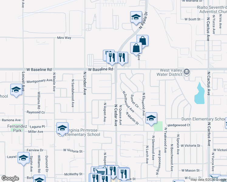 map of restaurants, bars, coffee shops, grocery stores, and more near 1053 North Wisteria Avenue in Rialto
