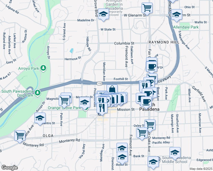 map of restaurants, bars, coffee shops, grocery stores, and more near 600 Meridian Avenue in South Pasadena