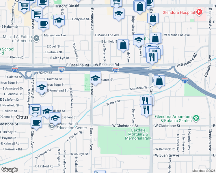 map of restaurants, bars, coffee shops, grocery stores, and more near 1065 South Prospero Drive in Glendora