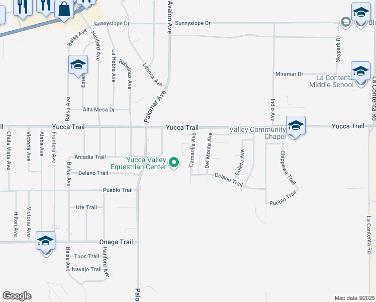 map of restaurants, bars, coffee shops, grocery stores, and more near 7390 Camarilla Avenue in Yucca Valley