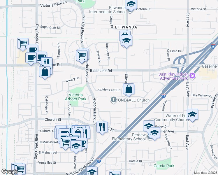 map of restaurants, bars, coffee shops, grocery stores, and more near 12790 Golden Leaf Drive in Rancho Cucamonga