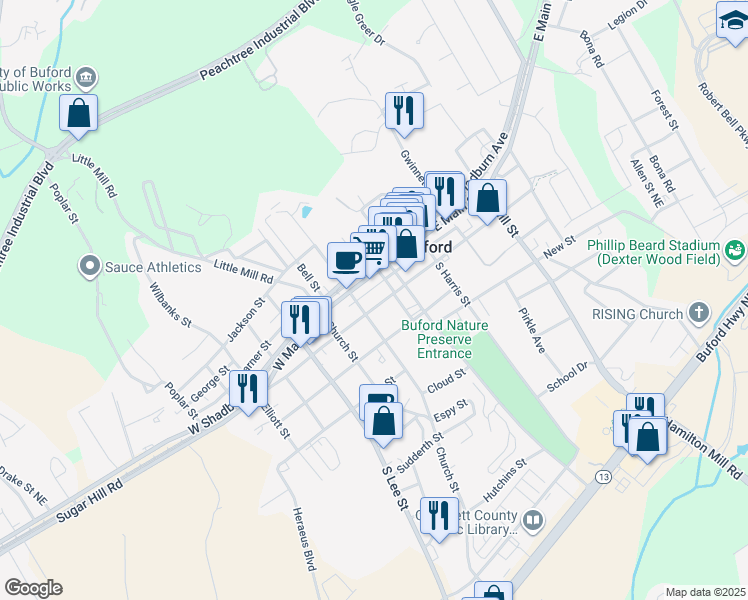 map of restaurants, bars, coffee shops, grocery stores, and more near 59 West Moreno Street in Buford