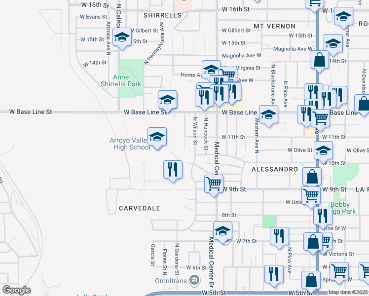 map of restaurants, bars, coffee shops, grocery stores, and more near Madison Street North in San Bernardino