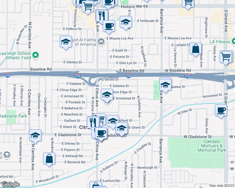 map of restaurants, bars, coffee shops, grocery stores, and more near 947 East Citrus Edge Street in Azusa