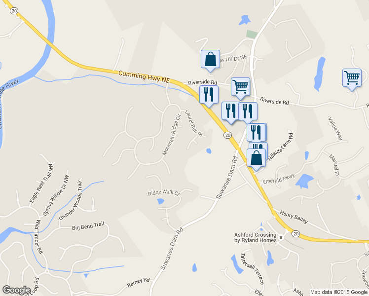 map of restaurants, bars, coffee shops, grocery stores, and more near 320 Hillside Manor Dr NE in Sugar Hill