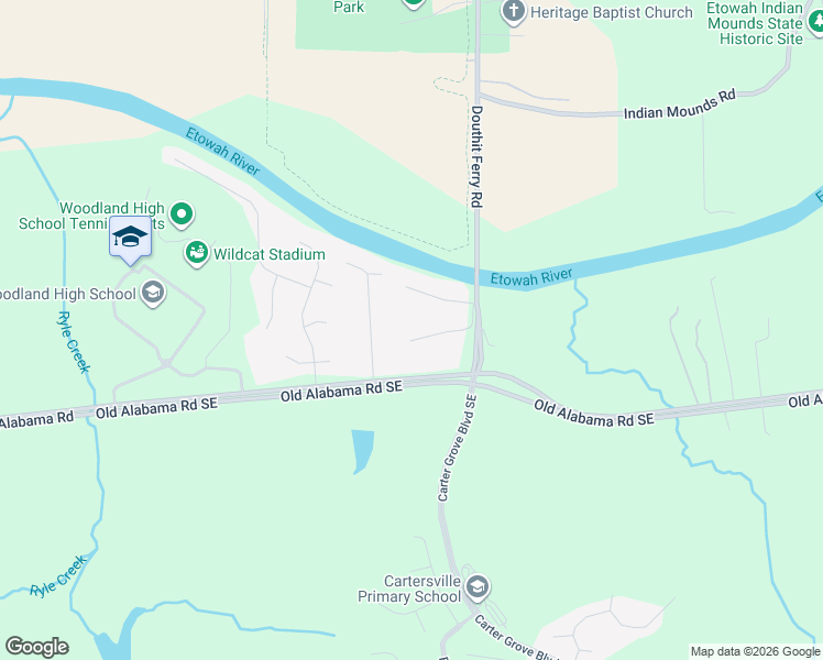 map of restaurants, bars, coffee shops, grocery stores, and more near 20 Park Court Southeast in Cartersville