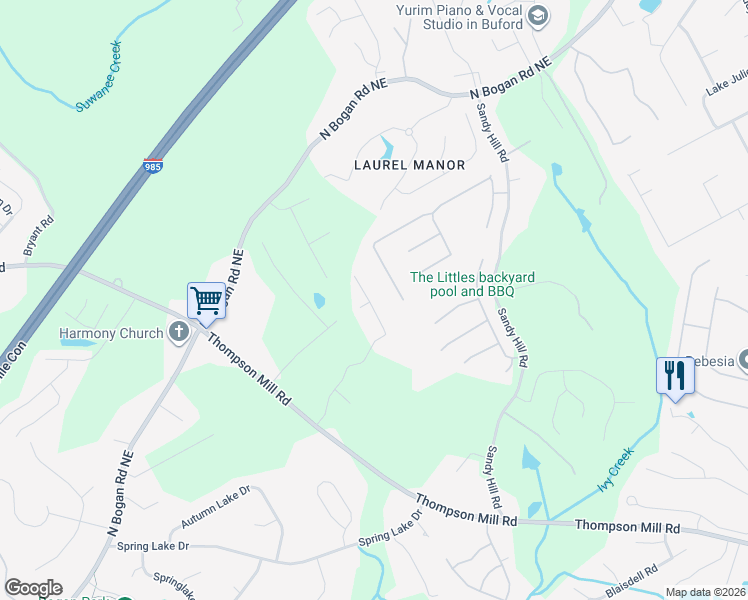 map of restaurants, bars, coffee shops, grocery stores, and more near 3325 Ivey Ridge Road Northeast in Buford