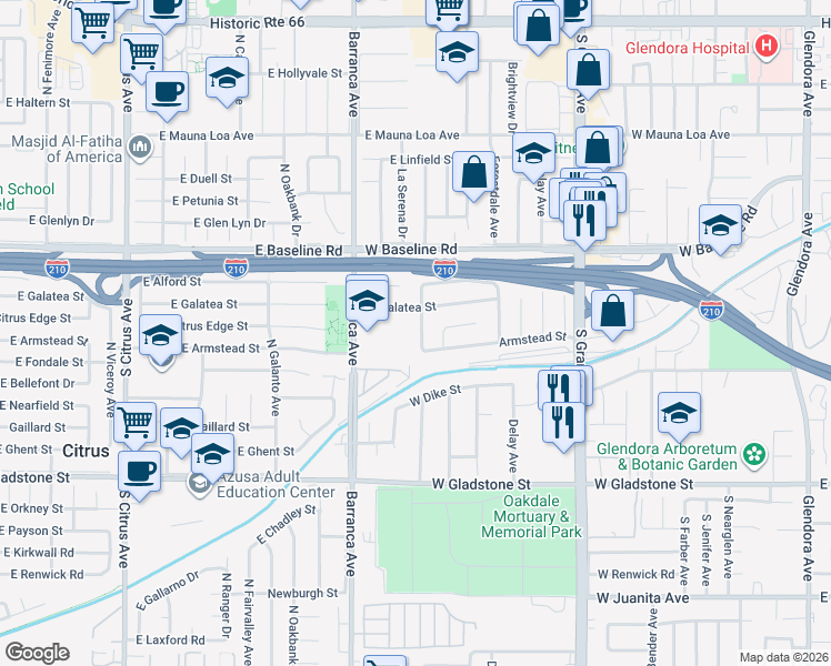 map of restaurants, bars, coffee shops, grocery stores, and more near 1065 South Prospero Drive in Glendora