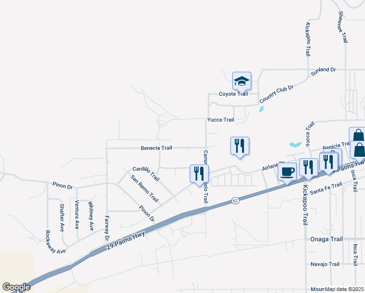 map of restaurants, bars, coffee shops, grocery stores, and more near 54748 Benecia Trail in Yucca Valley