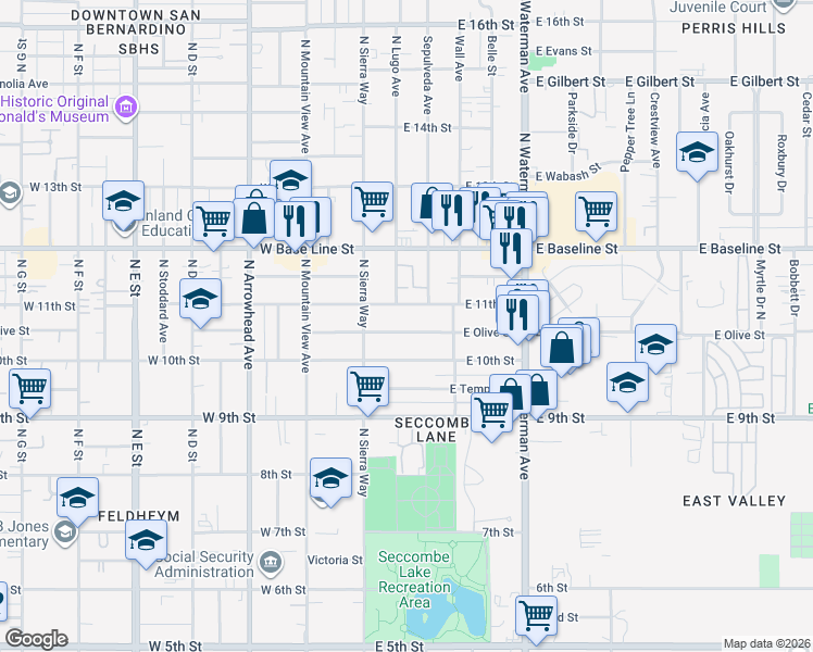 map of restaurants, bars, coffee shops, grocery stores, and more near in San Bernardino