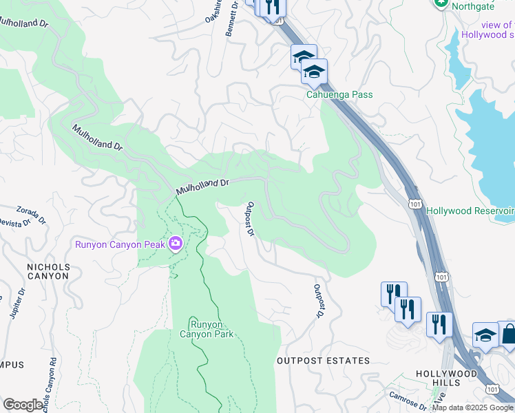 map of restaurants, bars, coffee shops, grocery stores, and more near 2764 Outpost Drive in Los Angeles