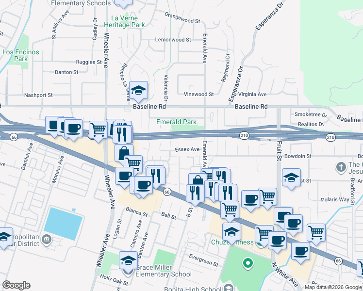 map of restaurants, bars, coffee shops, grocery stores, and more near 1859 Essex Avenue in La Verne
