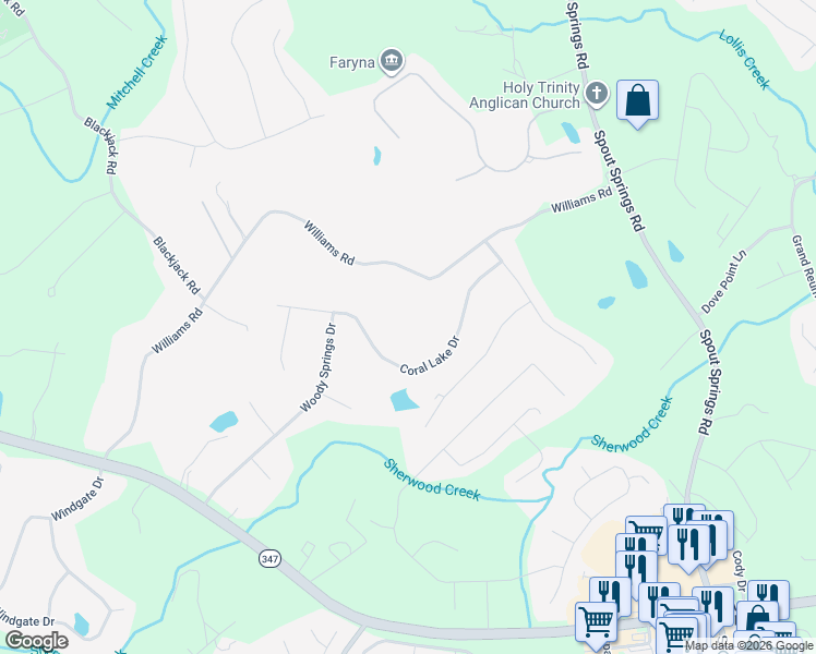 map of restaurants, bars, coffee shops, grocery stores, and more near 7239 Williams Road in Flowery Branch
