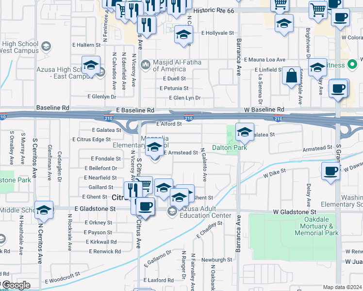 map of restaurants, bars, coffee shops, grocery stores, and more near 1014 East Citrus Edge Street in Azusa