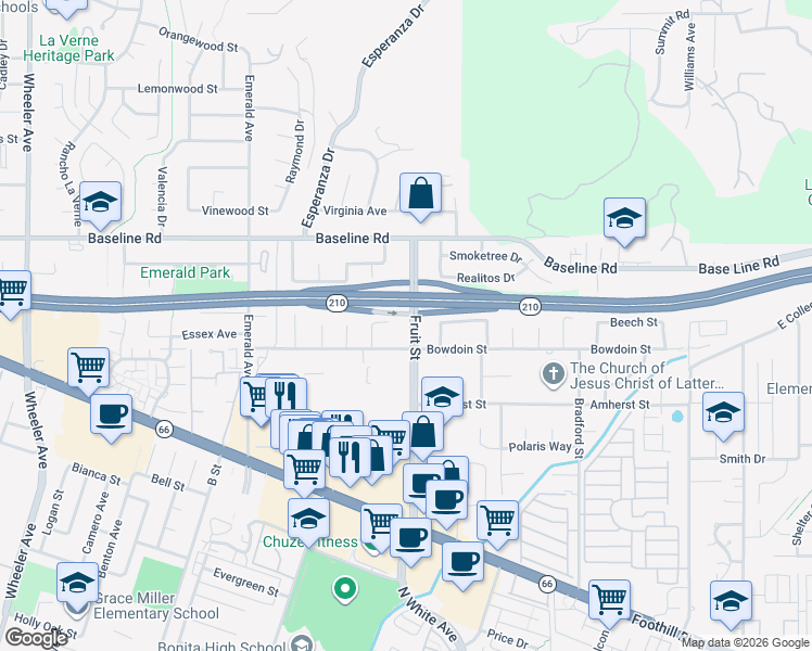 map of restaurants, bars, coffee shops, grocery stores, and more near 4345 Fruit Street in La Verne
