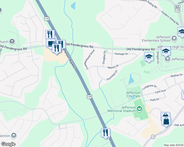 map of restaurants, bars, coffee shops, grocery stores, and more near 315 Fountainhead Drive in Jefferson