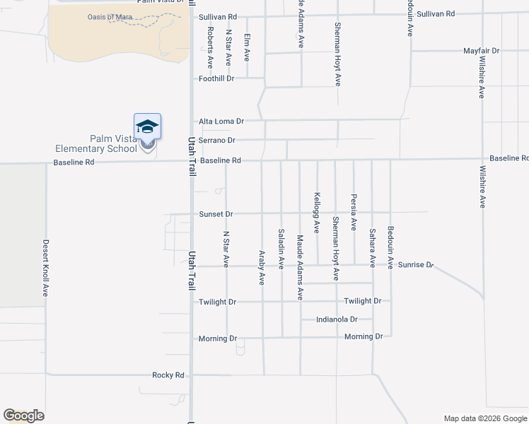 map of restaurants, bars, coffee shops, grocery stores, and more near 74706 Sunset Drive in Twentynine Palms