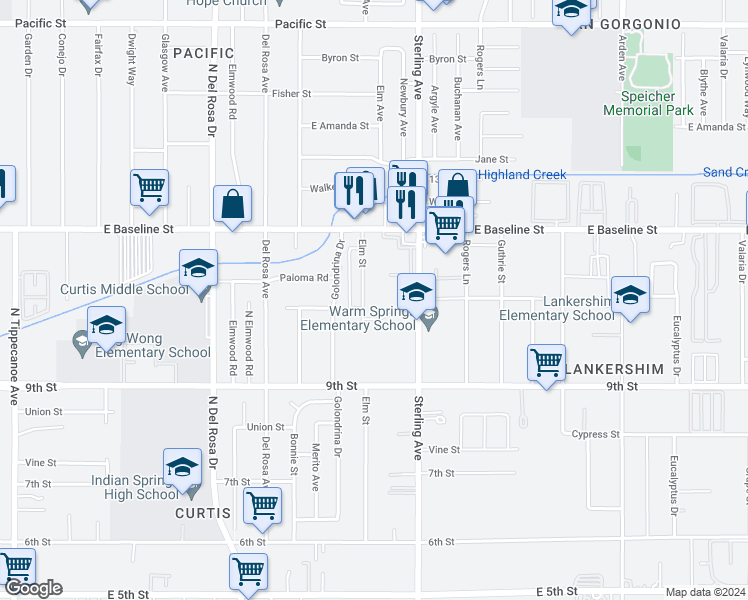 map of restaurants, bars, coffee shops, grocery stores, and more near 7435 Elm Street in San Bernardino