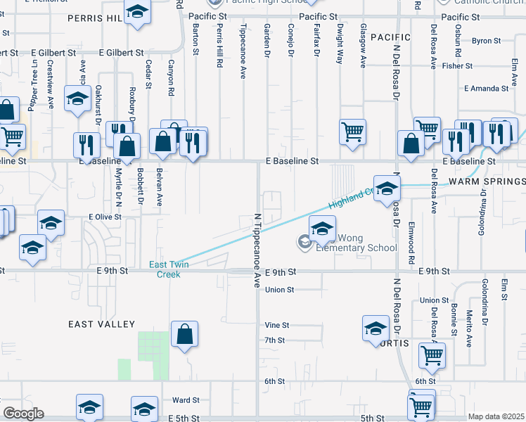 map of restaurants, bars, coffee shops, grocery stores, and more near 1025 West Court in San Bernardino