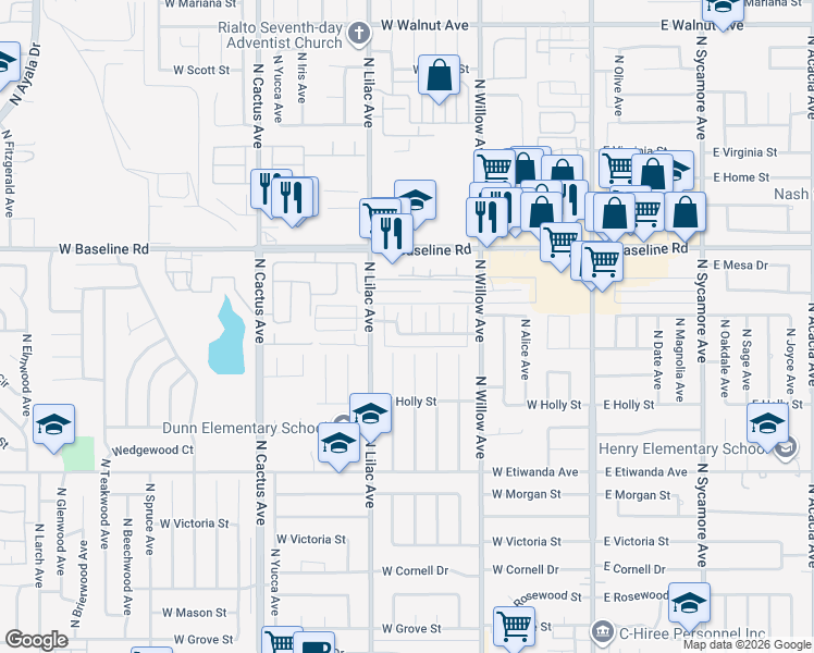map of restaurants, bars, coffee shops, grocery stores, and more near 1073 North Verde Avenue in Rialto