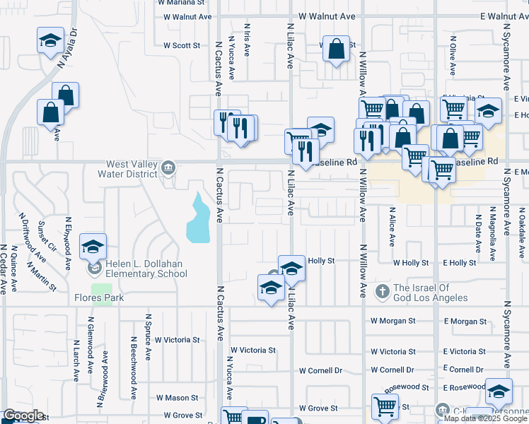 map of restaurants, bars, coffee shops, grocery stores, and more near 585 West Shamrock Street in Rialto
