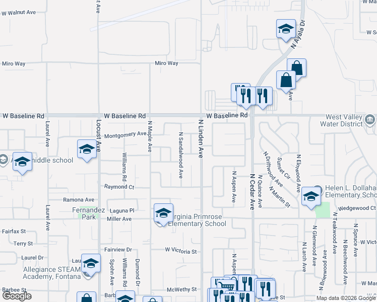 map of restaurants, bars, coffee shops, grocery stores, and more near 1064 North Ironwood Avenue in Rialto