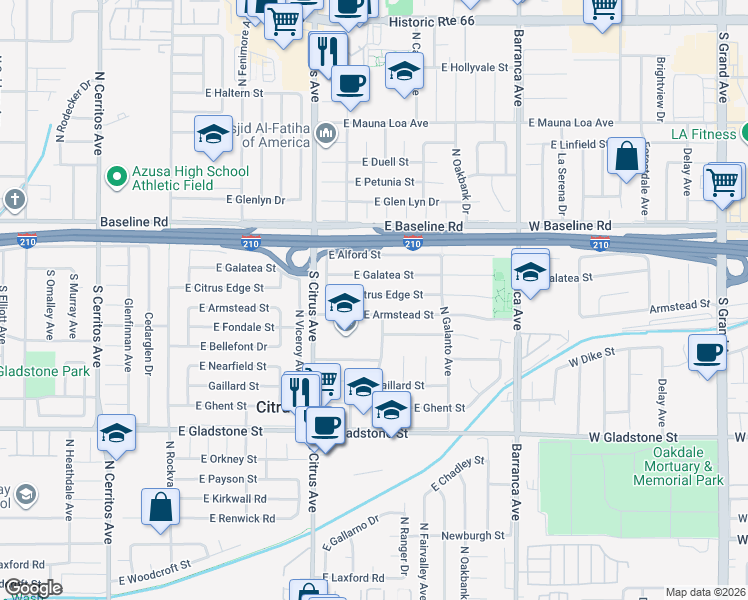map of restaurants, bars, coffee shops, grocery stores, and more near 947 East Citrus Edge Street in Azusa
