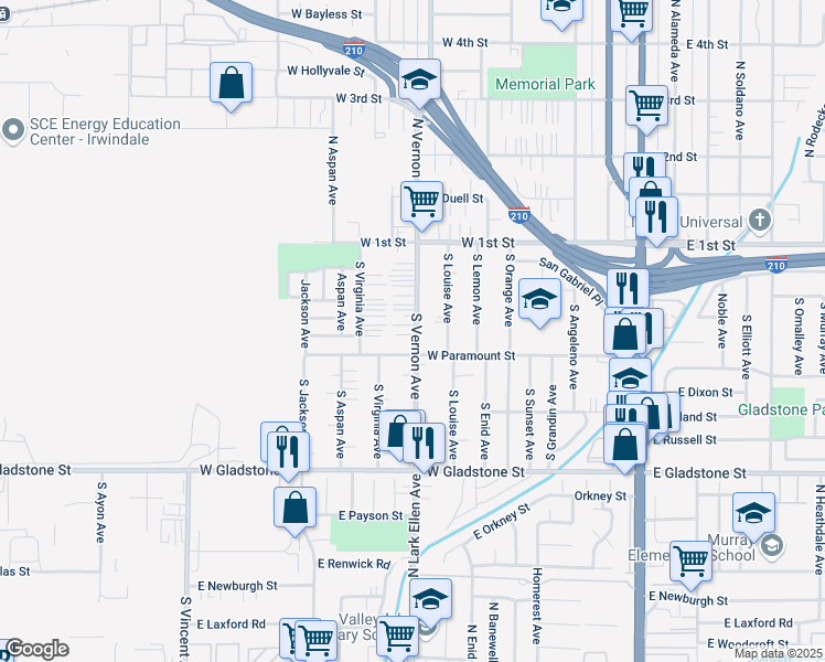 map of restaurants, bars, coffee shops, grocery stores, and more near 223 South Vernon Avenue in Azusa