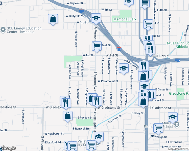 map of restaurants, bars, coffee shops, grocery stores, and more near 223 South Vernon Avenue in Azusa