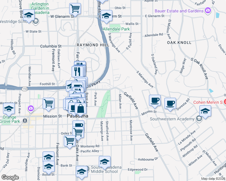 map of restaurants, bars, coffee shops, grocery stores, and more near 1806 Grevelia Street in South Pasadena