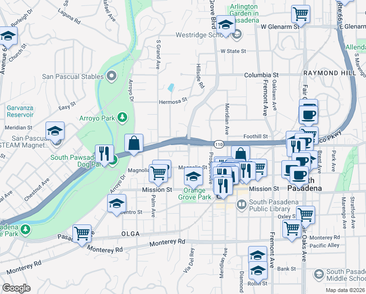 map of restaurants, bars, coffee shops, grocery stores, and more near 617 Orange Grove Avenue in South Pasadena