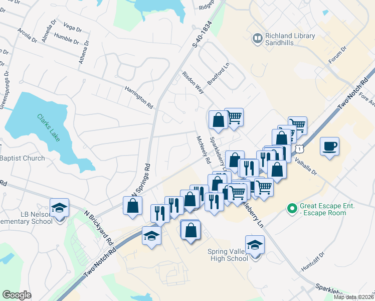 map of restaurants, bars, coffee shops, grocery stores, and more near 100 Windridge Road in Columbia