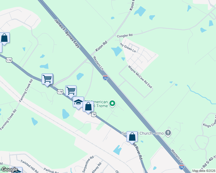 map of restaurants, bars, coffee shops, grocery stores, and more near 125 Western Lane in Irmo