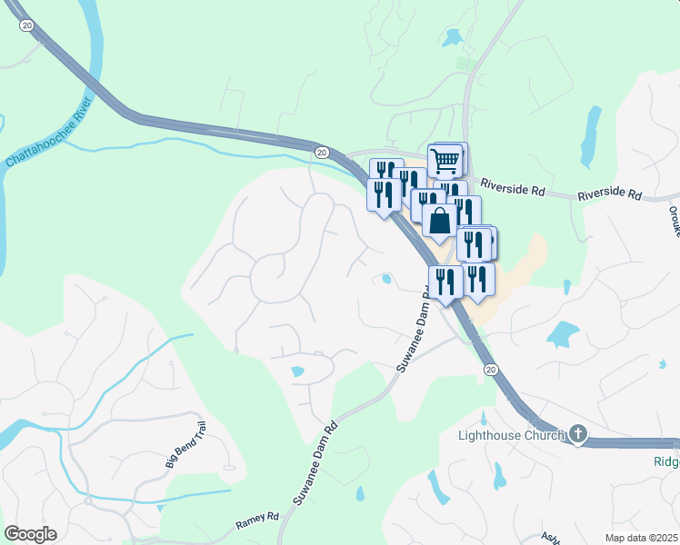 map of restaurants, bars, coffee shops, grocery stores, and more near 320 Hillside Manor Drive Northeast in Sugar Hill