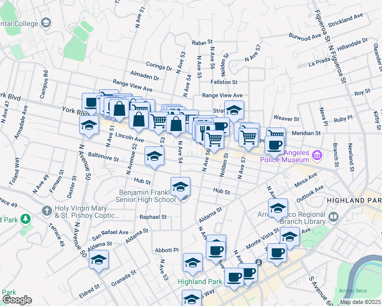 map of restaurants, bars, coffee shops, grocery stores, and more near 5425 Buchanan Street in Los Angeles