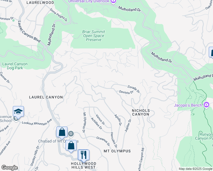 map of restaurants, bars, coffee shops, grocery stores, and more near 7613 Willow Glen Road in Los Angeles