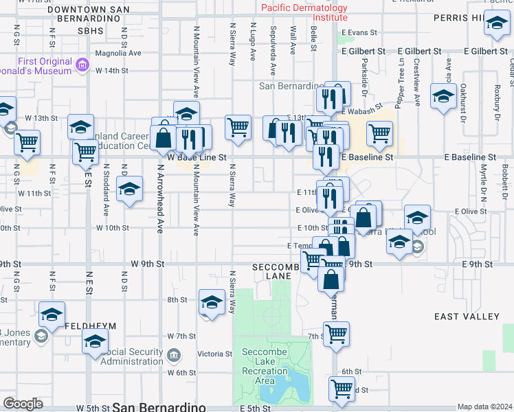 map of restaurants, bars, coffee shops, grocery stores, and more near 164 East Olive Street in San Bernardino