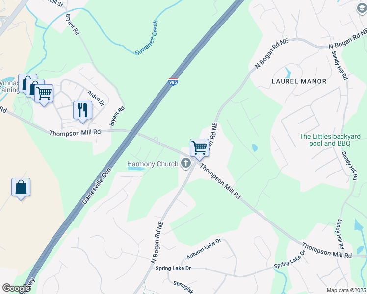map of restaurants, bars, coffee shops, grocery stores, and more near 4435 Thompson Mill Road in Buford