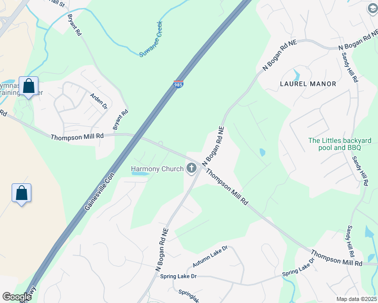 map of restaurants, bars, coffee shops, grocery stores, and more near 4435 Thompson Mill Road in Buford