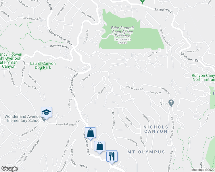 map of restaurants, bars, coffee shops, grocery stores, and more near 7912 Willow Glen Road in Los Angeles