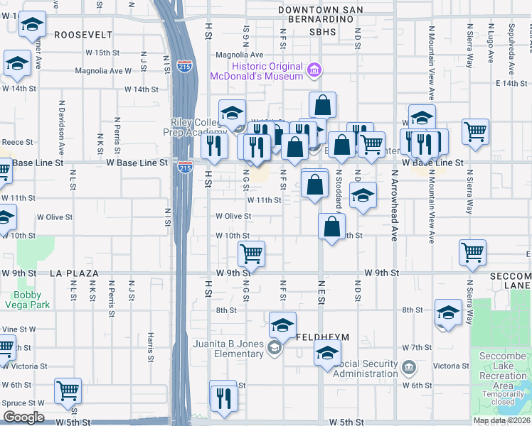map of restaurants, bars, coffee shops, grocery stores, and more near 642 West Olive Street in San Bernardino