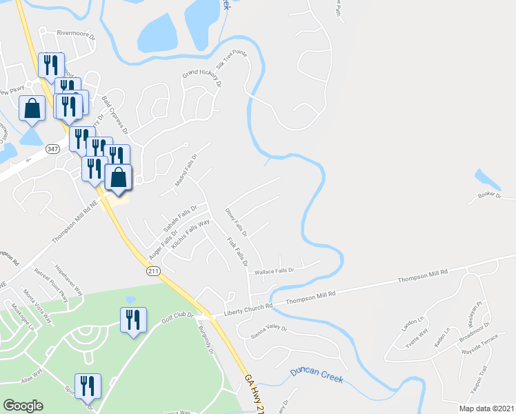 map of restaurants, bars, coffee shops, grocery stores, and more near 1911 Henderson Falls Way in Braselton