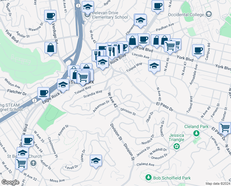 map of restaurants, bars, coffee shops, grocery stores, and more near 3653 Verdugo Vista Terrace in Los Angeles